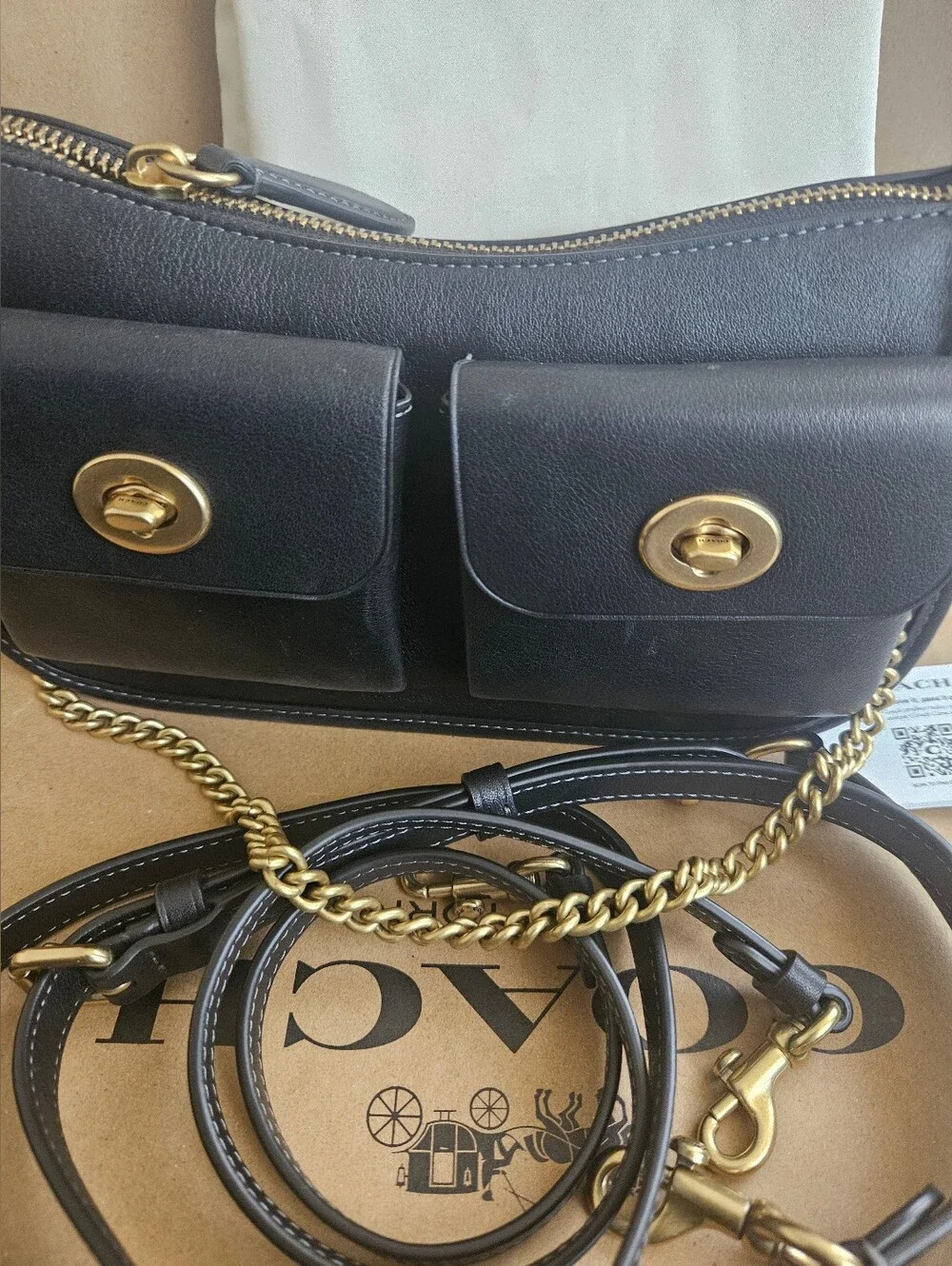 NWOT Coach Twin Turnlock Waverly Bag Brass/Black CDZ20 W/ 3 Detachable Straps
